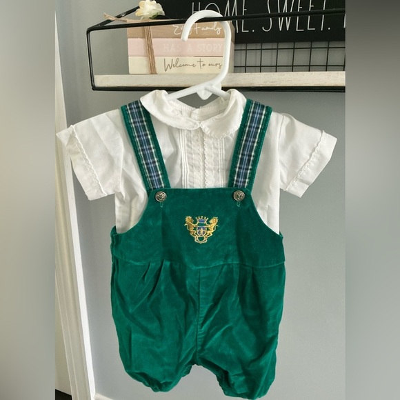 Vintage Kids Green Overalls with Plaid Straps - Picture 1 of 4